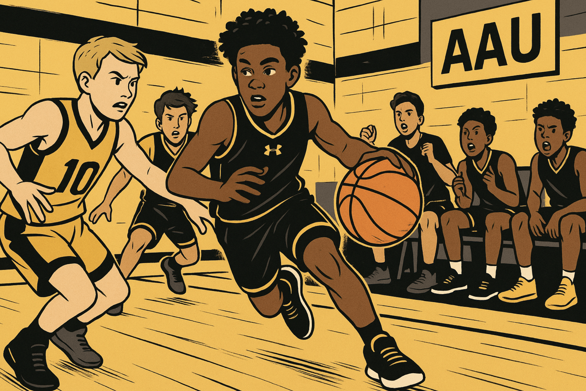 Youth basketball player driving to the basket during an intense AAU game with teammates and defenders reacting.